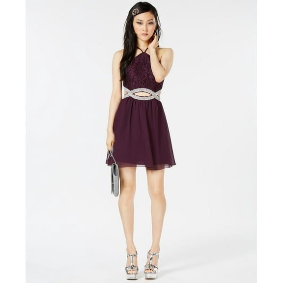 Speechless Juniors Embellished Cutout Fit Flare Dress Wine 13