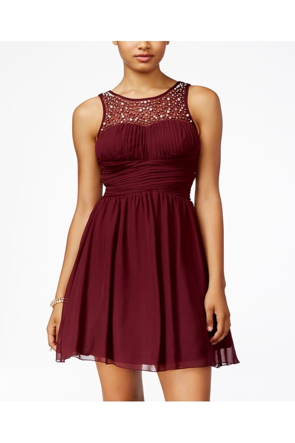 Juniors Embellished Fit Flare Dress Dark Burgundy 7
