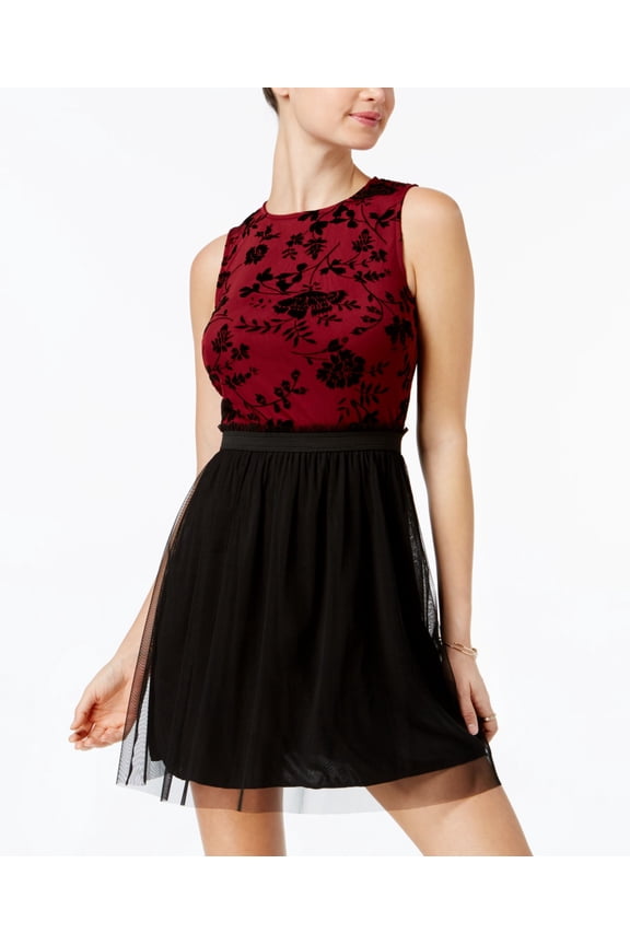 Juniors Flocked Mesh Fit Flare Dress Wine Black 2XS