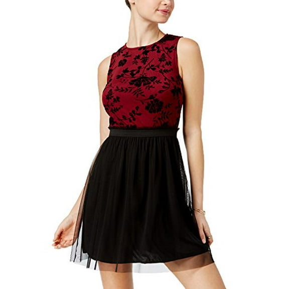 Speechless Juniors' Flocked Mesh Fit & Flare Dress (Wine Black, M)