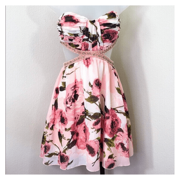 Speechless Juniors' Floral-Print Cutout Strapless Dress