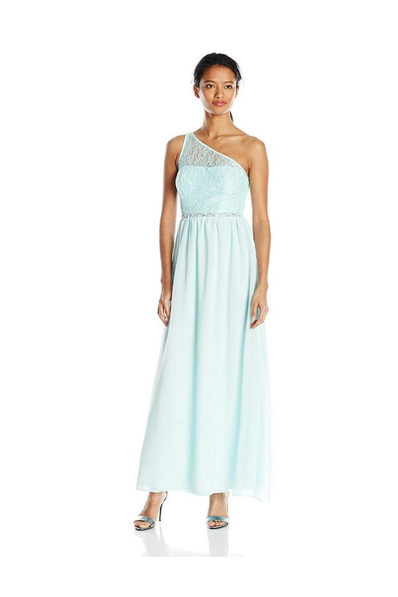 Juniors One Shoulder Illusion Long Prom Dress, Light Aqua, 13