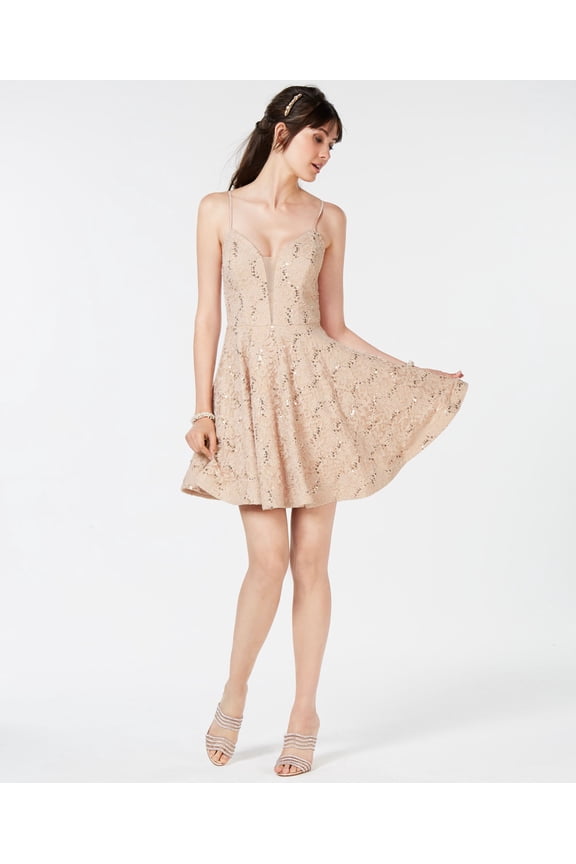 Juniors Sequin Embellished Lace Dress Latte 1