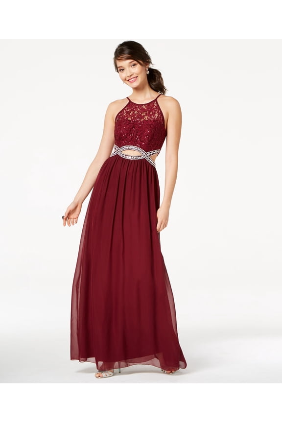 Juniors Sequined Lace Infinity Gown Burgandy 0