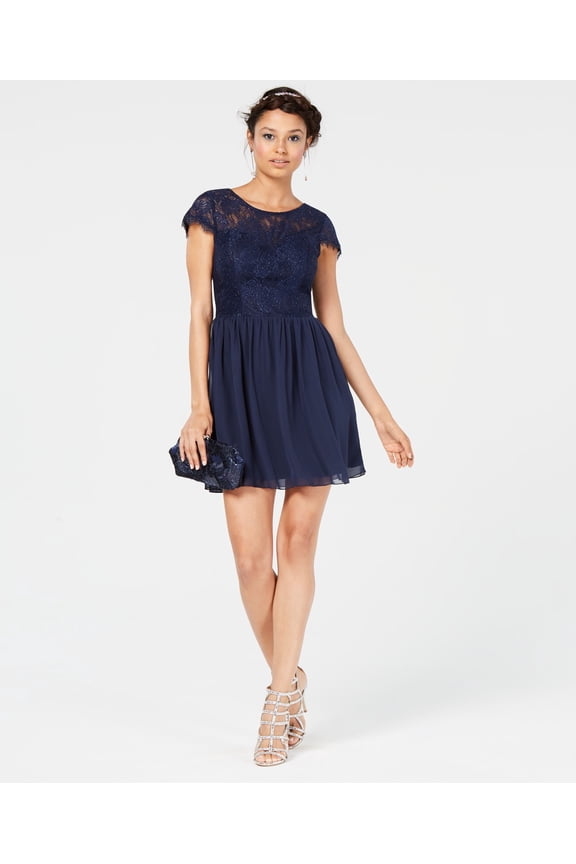 Juniors' Sparkle Lace-Contrast Dress (13, Navy)