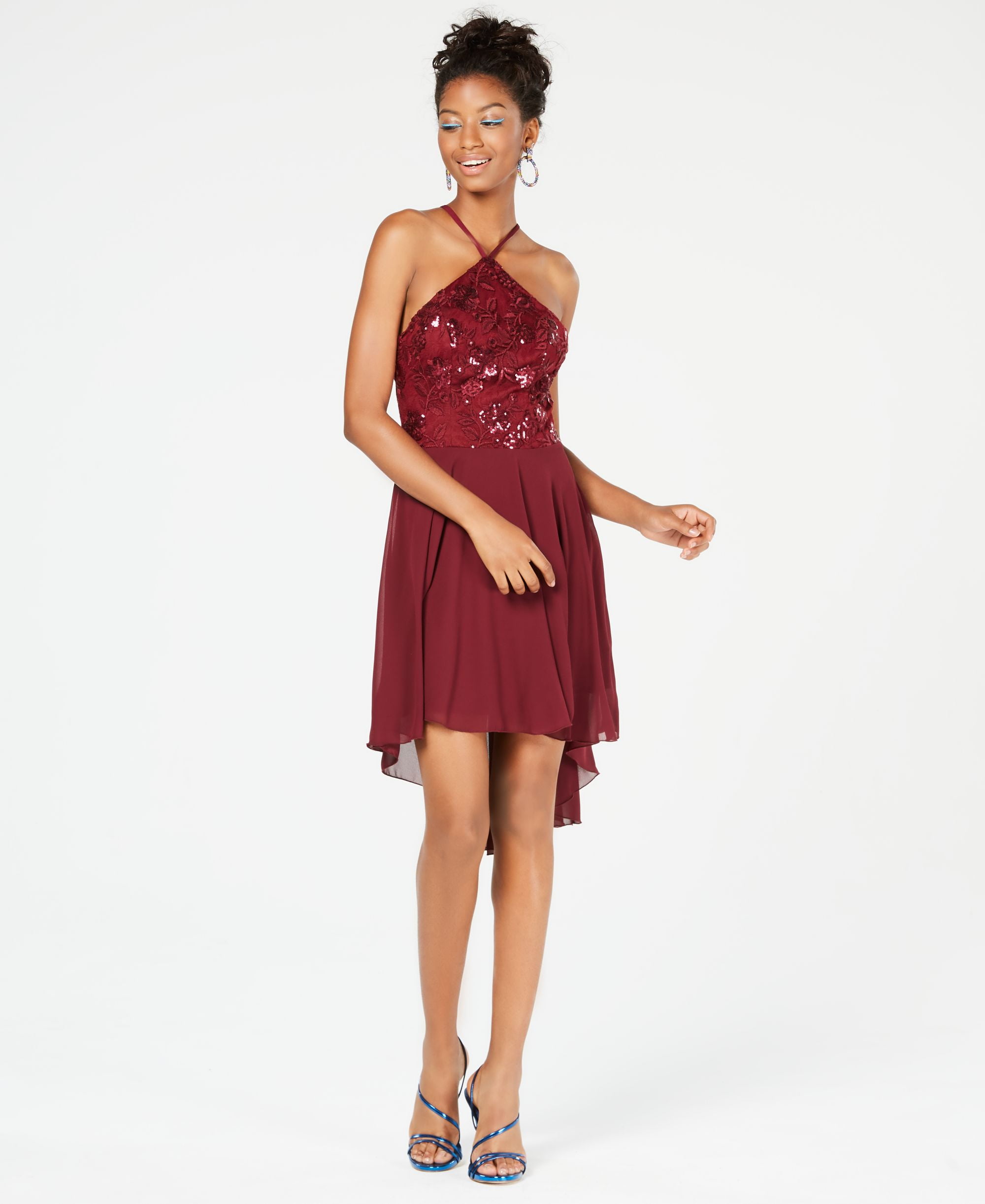 speechless sleeveless party dress juniors Speechless Juniors Strappy Sequin High Low Dress Wine 11, Women's, Red