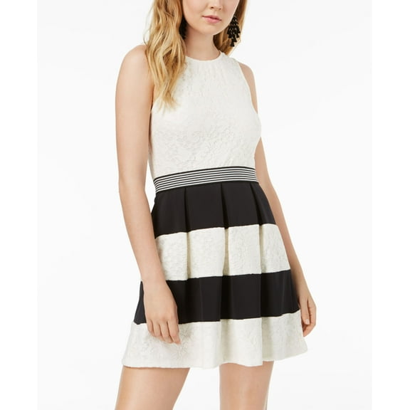 Speechless Juniors Striped Lace Fit Flare Dress Ivory Black S