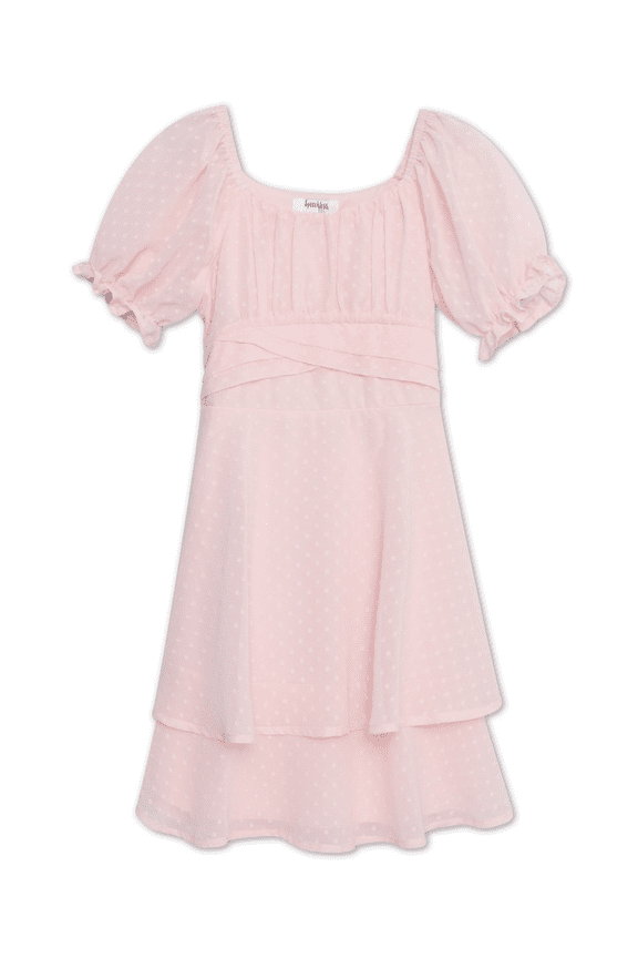 PINK Big Girls Short Sleeves Shirred Bodice Knee Length Dress, US 14