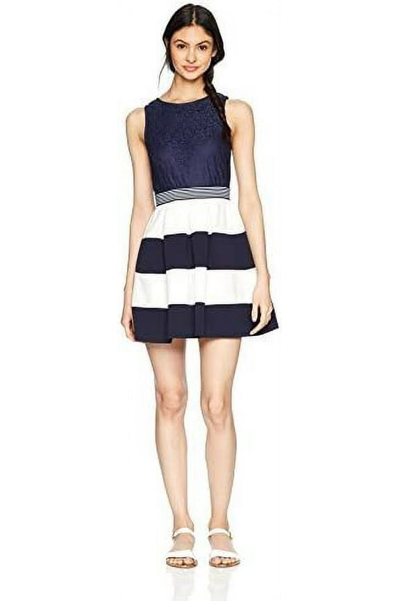 Sleeveless Box-Pleat Fit-and-Flare Dress (Junior's), Navy/Ivory, S