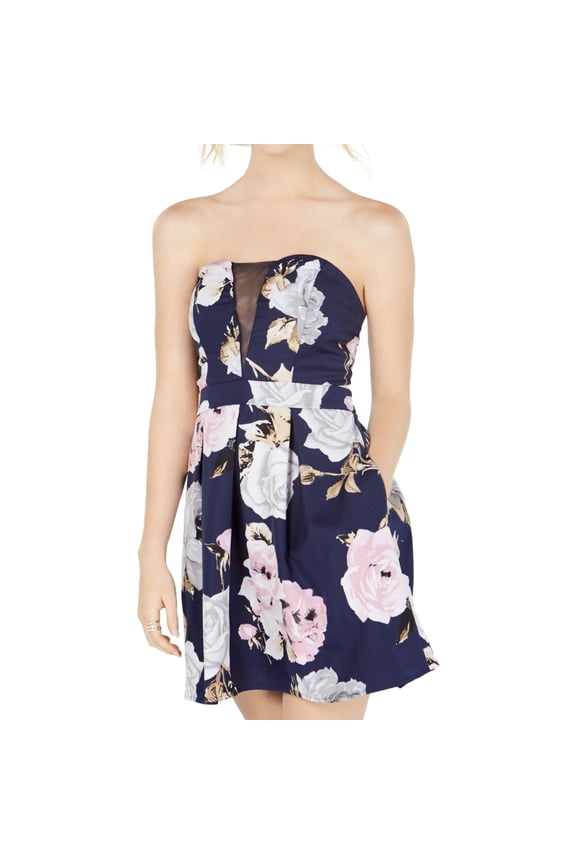 Womens Floral Strapless Dress, Blue, Juniors, 7