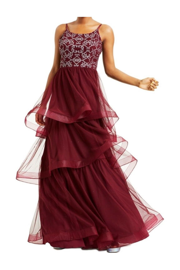 Womens Glitter Zippered Tiered Spaghetti Strap Scoop Neck Full-Length Evening Dress