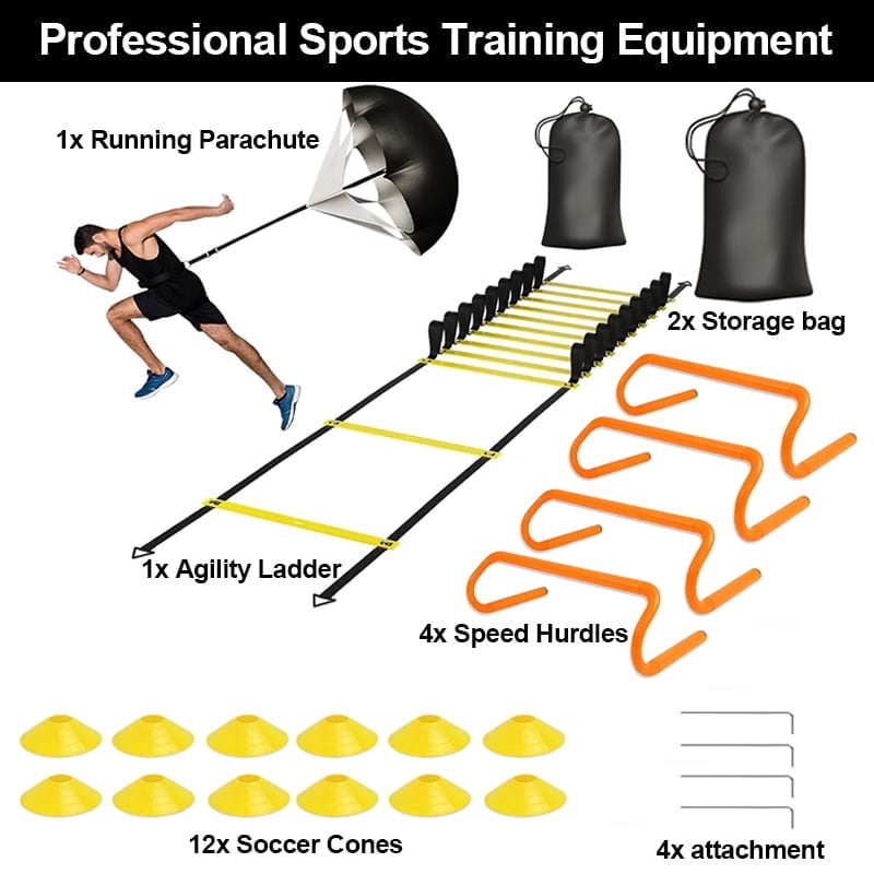 Speed & Agility Ladder Training Equipment Set, Includes 20ft Agility Ladder, 4 Agility Hurdles,12 Disc Cones, 1 Resistance Parachute For Training Football Soccer Basketball Athletes