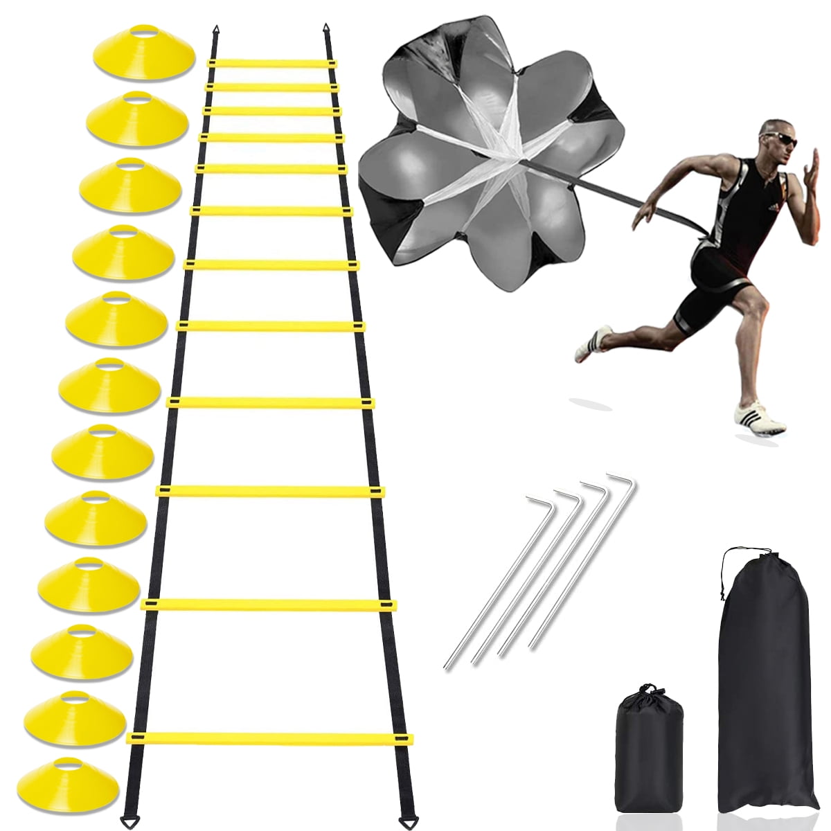 Speed Agility Ladder Training Set 12 Rung 20Ft Adjustable Agility Ladder 12 Disc Cones 4 Steel Stakes Resistance Parachute with Carry Bag for Speed Training Football Workout Footwork Walmart Business ...