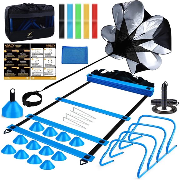 Speed Agility Set- Agility Ladder,12 Cones, 4 Adjustable Hurdles,Parachute, Exercise Workout Equipment Boost Fitness & Increase Quick Footwork