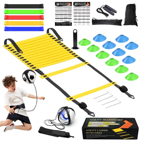 Speed Agility Training Equipment Set, Agility Ladder 20ft, 12 Football Cones, Resistance Parachute/Soccer Kick Trainer, Jump Rope, 5 Resistance Bands, Football Practice Equipment for Kids Adults