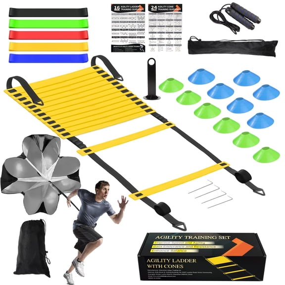 Speed Agility Training Equipment Set, Agility Ladder 20ft, 12 Football Cones, Resistance Parachute/Soccer Kick Trainer, Jump Rope, 5 Resistance Bands, Football Practice Equipment for Kids Adults