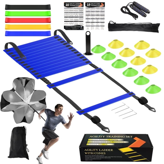 Speed Agility Training Equipment Set, Agility Ladder 20ft, 12 Football Cones, Resistance Parachute/Soccer Kick Trainer, Jump Rope, 5 Resistance Bands, Football Practice Equipment for Kids Adults