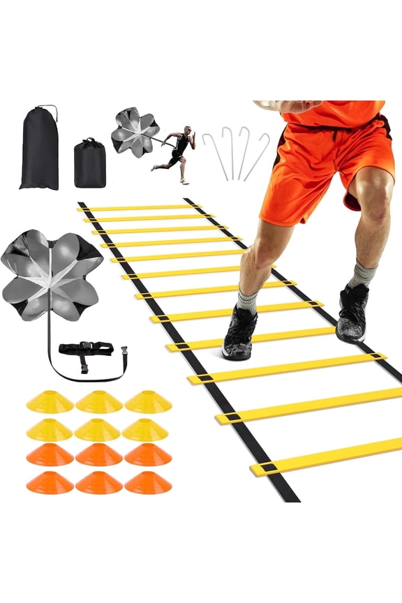 Speed Agility Training Kit-Includes 12 Rung 20ft Adjustable Agility Ladder with Carrying Bag, 12 Disc Cones, 4 Steel Stakes, 1 Resistance Parachute,Footwork Skills Drill Gear for Football and Soccer