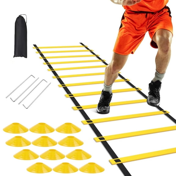 Speed Agility Training Kit-Includes 12 Rung 20ft Adjustable Agility Ladder with Carrying Bag, 12 Disc Cones, 4 Steel Stakes for Football Exercise Sports Footwork Training