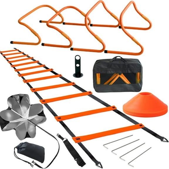 Speed&Agility Training Set 20ft Agility Ladder Set with 12 Rungs, 4 Adjustable Training Hurdle, 12 Disc Cones, 2 Resistance Bands, 1 Running Parachute and Footwork Drills Equipment