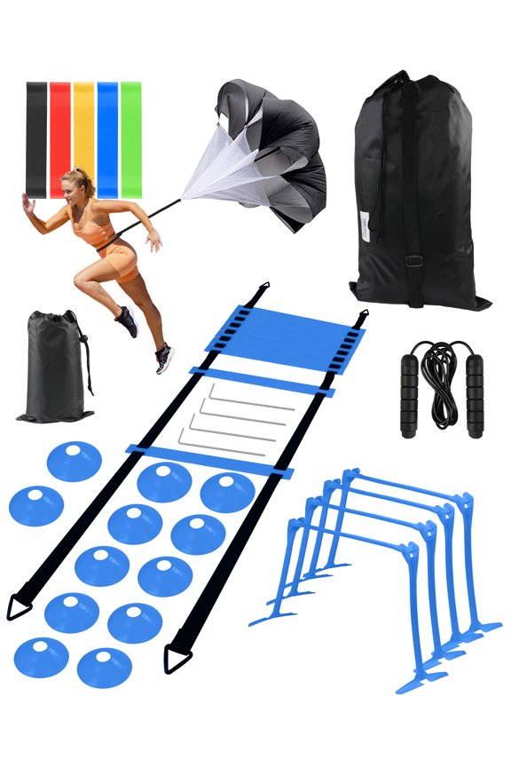 Speed and Agility Training Set, Agility Training Equipment For Kids with 20ft Sports Agility Ladders, Cones, Agility Hurdles, Resistance Parachute, Resistance Bands, Jump Rope for Basketball, SoccerB