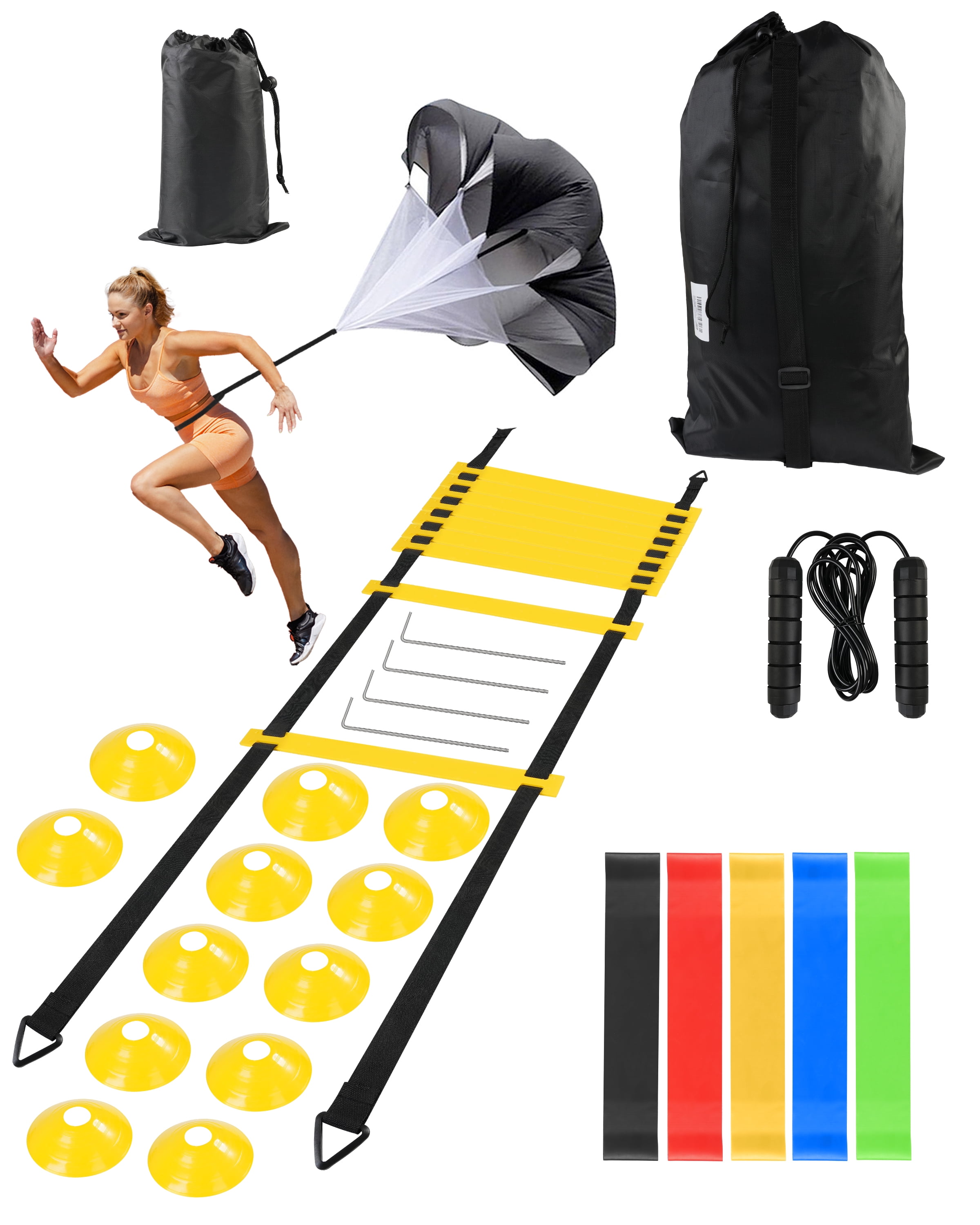 Speed and Agility Training Set, Agility Training Equipment For Kids with 20ft Sports Agility Ladders, Cones, Resistance Parachute, Resistance Bands, Jump Rope for Basketball, Soccer,