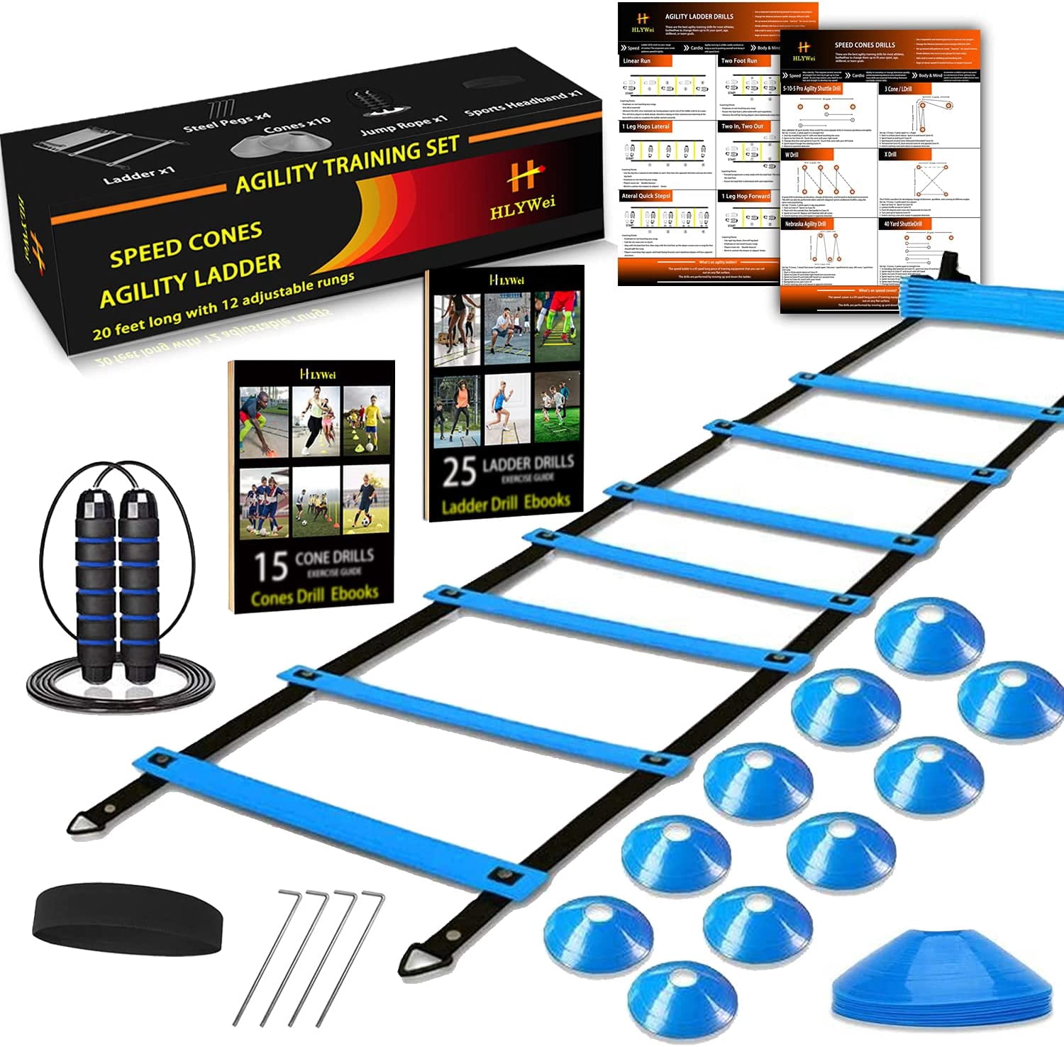 Speed Agility Training Set, Includes 1 Agility Ladder, 4 Steel Stakes ...