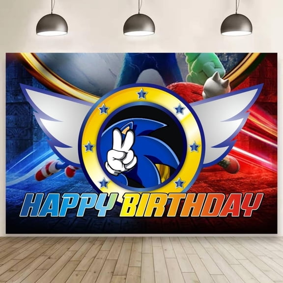 Speed Blue Hedgehog Inspired Happy Birthday Backdrop 5x3FT, Fast Hero Themed Birthday Banner, Neon City Energy Photo Booth Background for Kids Boys Video Game Birthday Party Supplies