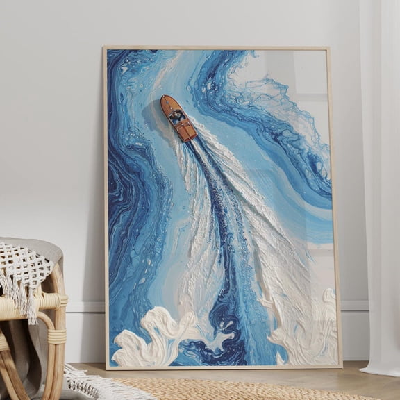 Speed Boat Aerial Ocean Wall Art Coastal Summer Decor, Unframed Paper Print Size 8x12