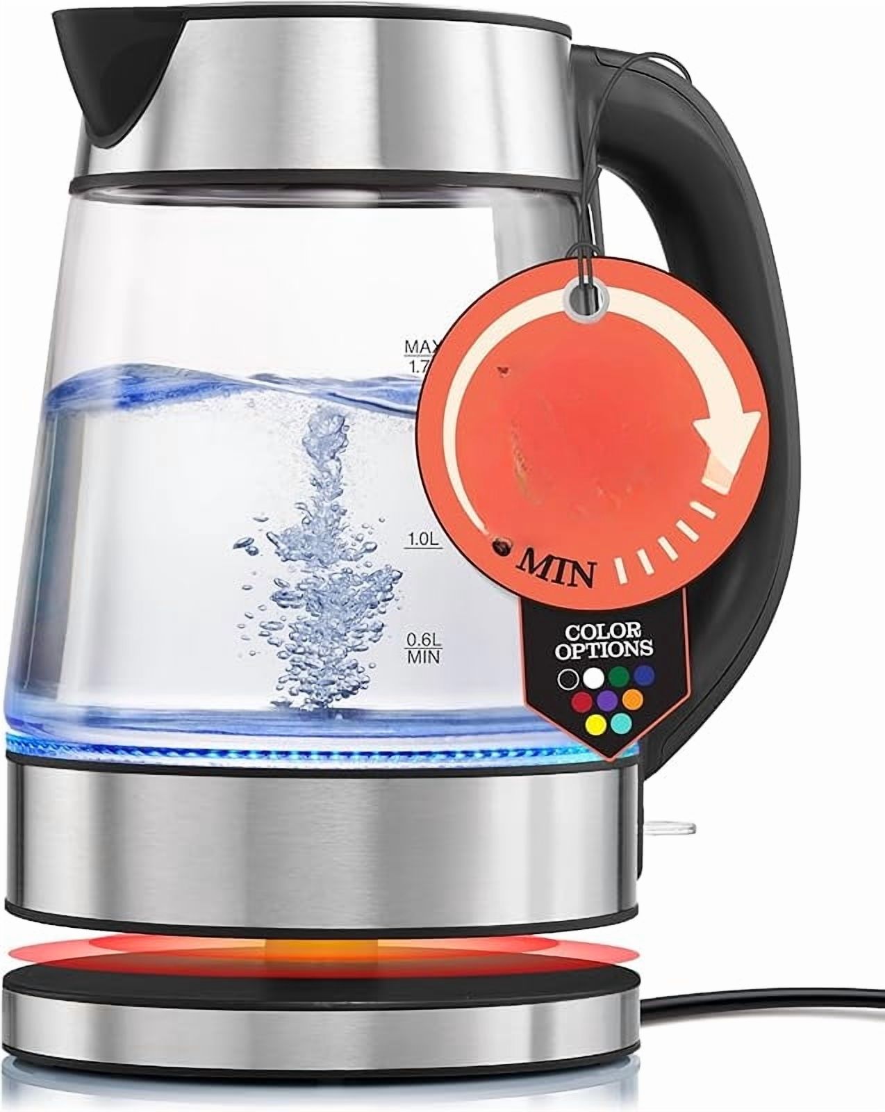 Speed-Boil Electric Kettle For Coffee & Tea - 1.7L Water Boiler 1500W, Borosilicate Glass, Easy Clean Wide Opening, Auto Shut-Off, Cool Touch Handle, LED Light. 360 °   Rotation, Boil Dry Protection