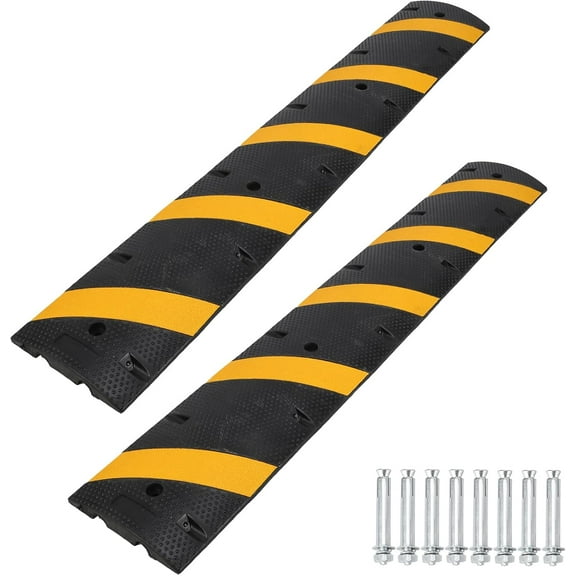 Speed Bump, 2 Pack 6Ft Rubber Speed Bumps, 2 Channel Modular Speed Hump 25000LBS Load Capacity, Cable Ramps Hose Protector Ramps with 8 Bolt Spikes for Asphalt Concrete Gravel Driveway Road