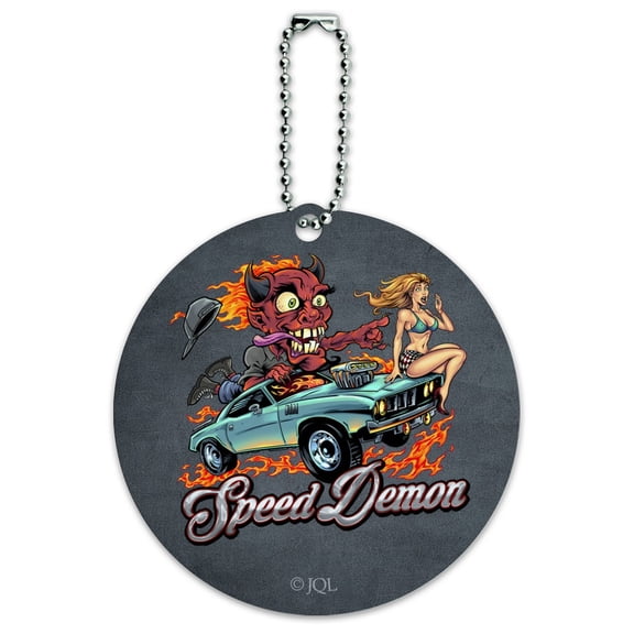 Speed Demon Flaming Hot Rod Round Luggage ID Tag Card Suitcase Carry-On