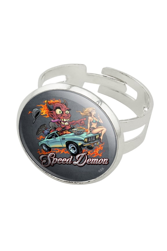 Speed Demon Flaming Hot Rod Silver Plated Adjustable Novelty Ring