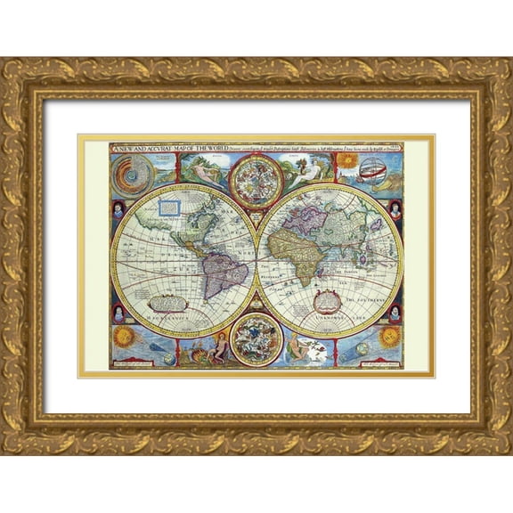 Speed, John 24x17 Gold Ornate Wood Framed with Double Matting Museum Art Print Titled - New and Accurate Map of the World a Stereographic Projection