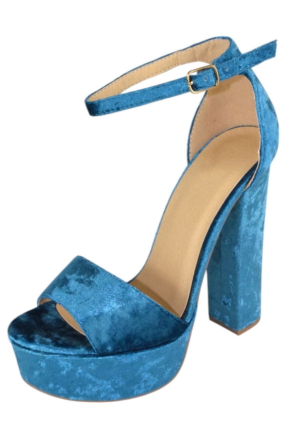 Women Shoes Ankle Strap Block Ultra High Heel Platform Sandals Open Peep Toe LEMONY-S Velvet Blue 8