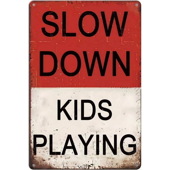 Speed Limit Sign Slow Down Kids Playing Signs - 8"x12" Funny Vintage Tin Metal Sign, Traffic Speed Decor for Home Man Cave Street Road