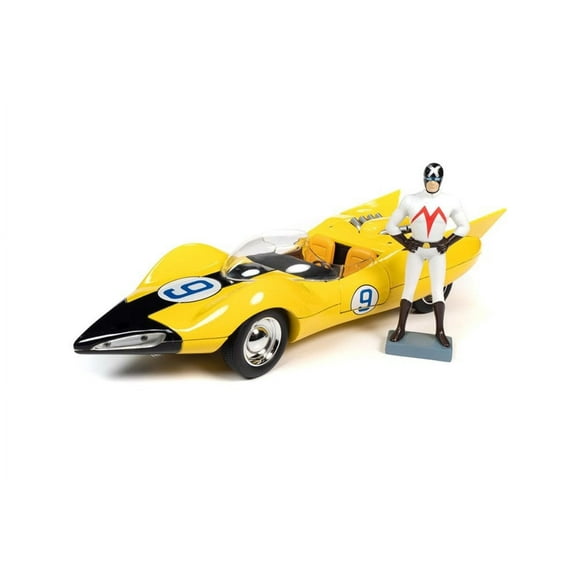 Speed Racer Shooting Star #9 with Speed X Figure, Yellow - Auto World AWSS125 - 1/18 scale Diecast Model Toy Car