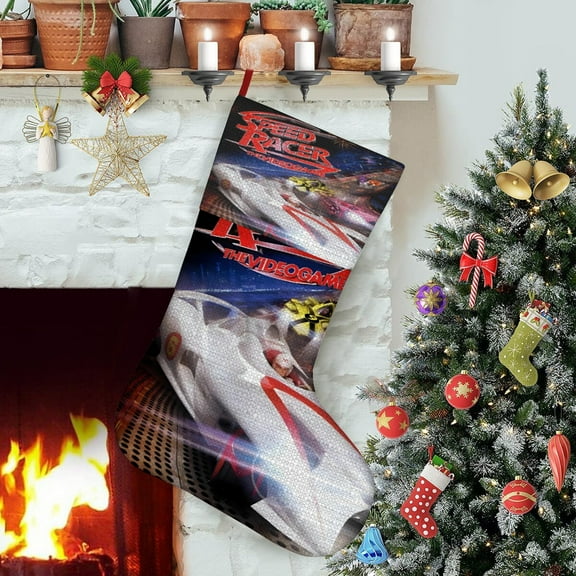 Speed Racer-theme Christmas StockingsFine white linen for Stairs Fireplace Hanging Xmas Home Decor Christmas gift17.7"X12.6"(45cm32cm)