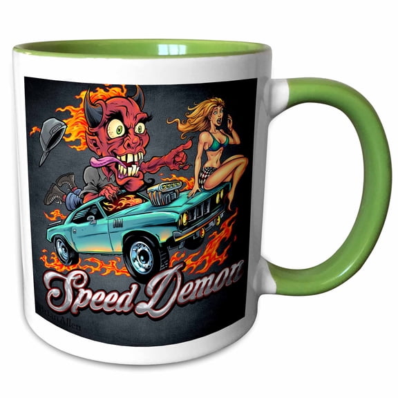 Speed-Racing Demon With A Hot Girl On His Hot Rod., 15oz Two-Tone Green Mug