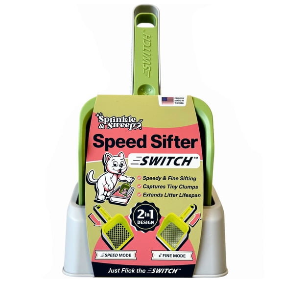 Sprinkle & Sweep: Speed Sifter SWITCH - Cat Litter Scooper, 2-In-1 Design: Speedy & Fine Modes, Washable Base Stand, Heavy Duty Pet Waste Removal Tool