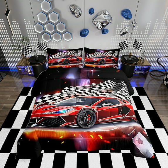 Speed Sports Car Comforter Set Extreme Sports Bedding Set Decor Red Comforter Microfiber Checkerboard Quilt Set Bedroom Bedclothes