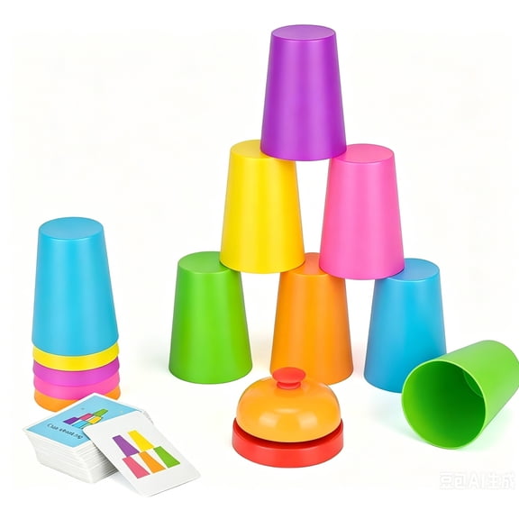 Speed Stacking Cups Set - 12 Colorful Stackable Cups in 6 Colors, 54 Cards, 1 Bell - Cup Stacking Game for Boy Girl Adult, Family Party Challenge Competition Travel Gift
