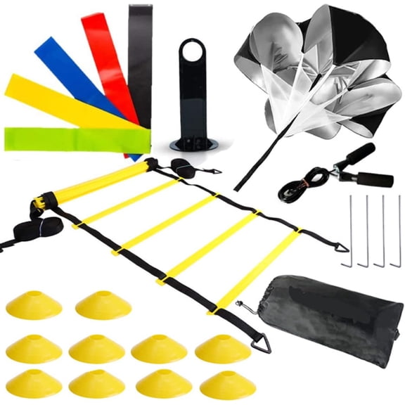 Speed and Agility Training Set -1 6 Meter Agility Ladder, 5 Disc Cones, 4 Metal Hooks, 1 Resistance Parachute, 1 Carrying Bag