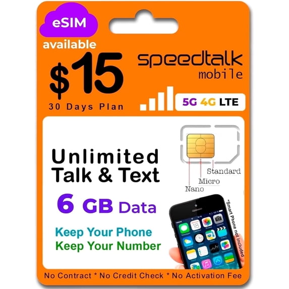 SpeedTalk Mobile Prepaid eSIM, SIM Card - Unlimited Talk, Text & 6GB 5G 4G LTE Data, 30-Day Plan, Triple Cut 3-in-1 SIM Standard Micro Nano