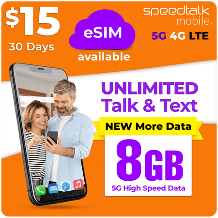 SpeedTalk Mobile Prepaid eSIM, SIM Card - Unlimited Talk, Text & 8GB 5G 4G LTE Data, 30-Day Plan, Triple Cut 3-in-1 SIM Standard Micro Nano
