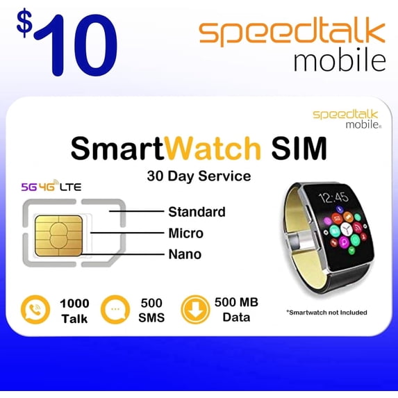 SpeedTalk Mobile Smartwatch SIM Card Kit 30-Day Service
