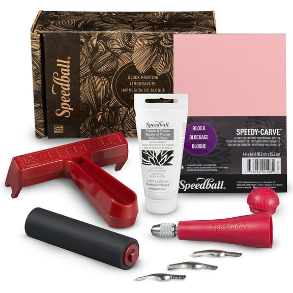 Speedball Block Printing Fabric Starter Kit, 7 Pieces  Includes Ink, Hard Brayer, Lino Handle and Cutters, Speedy-Carve Relief Carving Rubber
