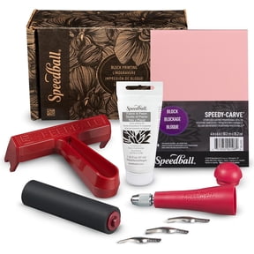 Speedball Block Printing Fabric Starter Kit, 7 Pieces – Includes Ink, Hard Brayer, Lino Handle and Cutters, Speedy-Carve Relief Carving Rubber