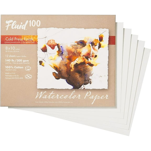 Speedball Fluid 100 Artist Watercolor Paper, 140 lb (300 GSM) 100% Cotton Cold Press for Watercolor Painting and Wet Media, 8 x 10 Pochette, 12 Sheets