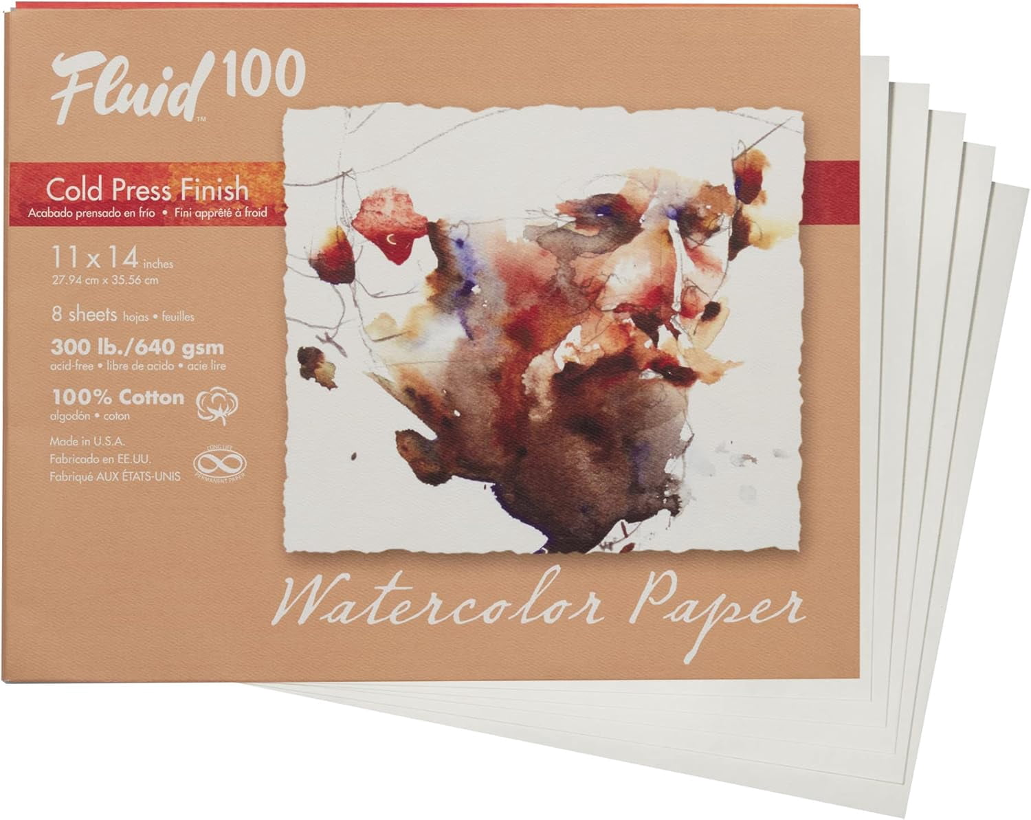Fluid 100 Artist Watercolor Paper, 100% Cotton Cold Press, 11 x 14 Pochette, 8 Sheets, 300 lb (640 GSM) for Painting and Wet Media